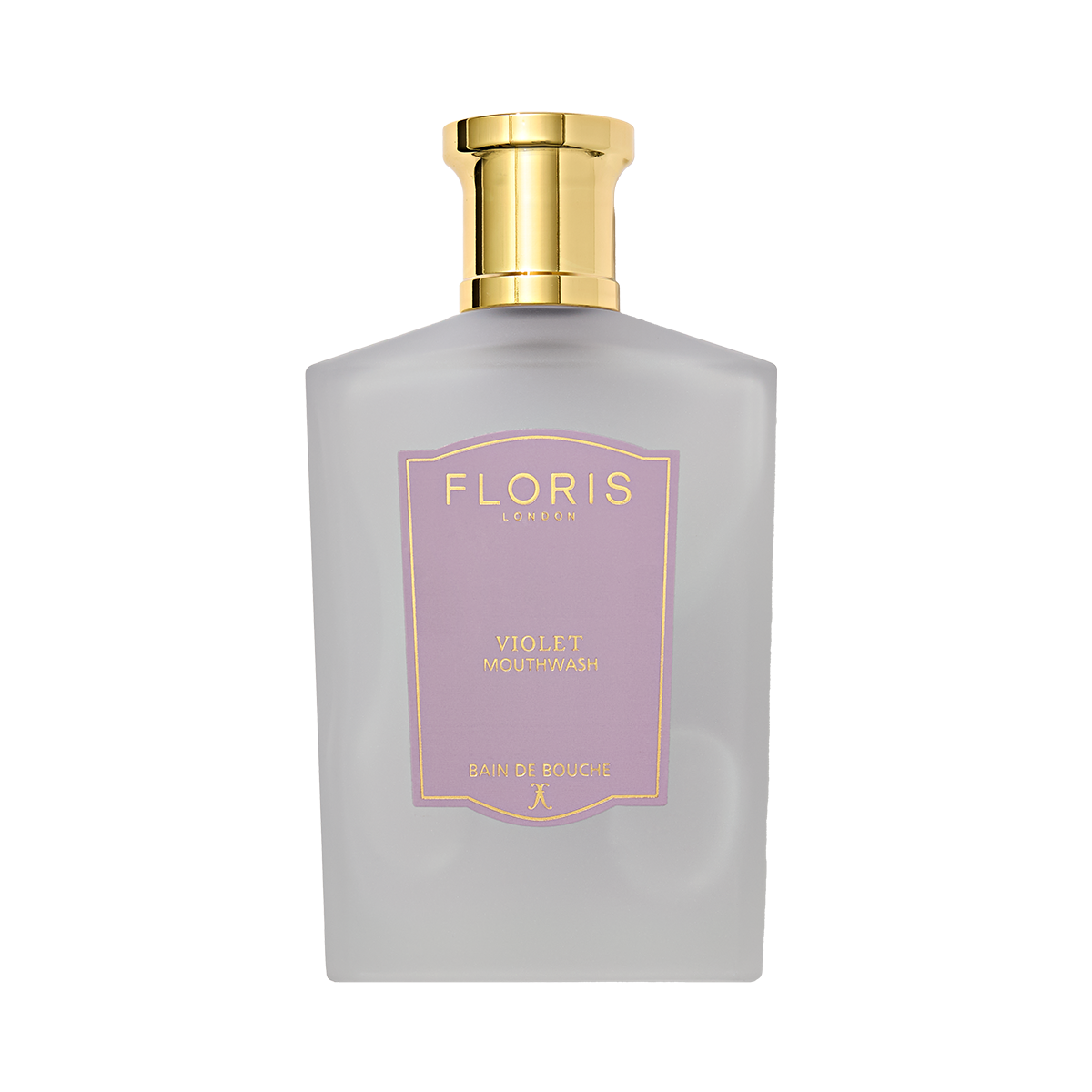 The elegant Frosted Violet Mouthwash by Floris London, with a gold cap and purple label, provides a luxurious fluoride-free dental experience.