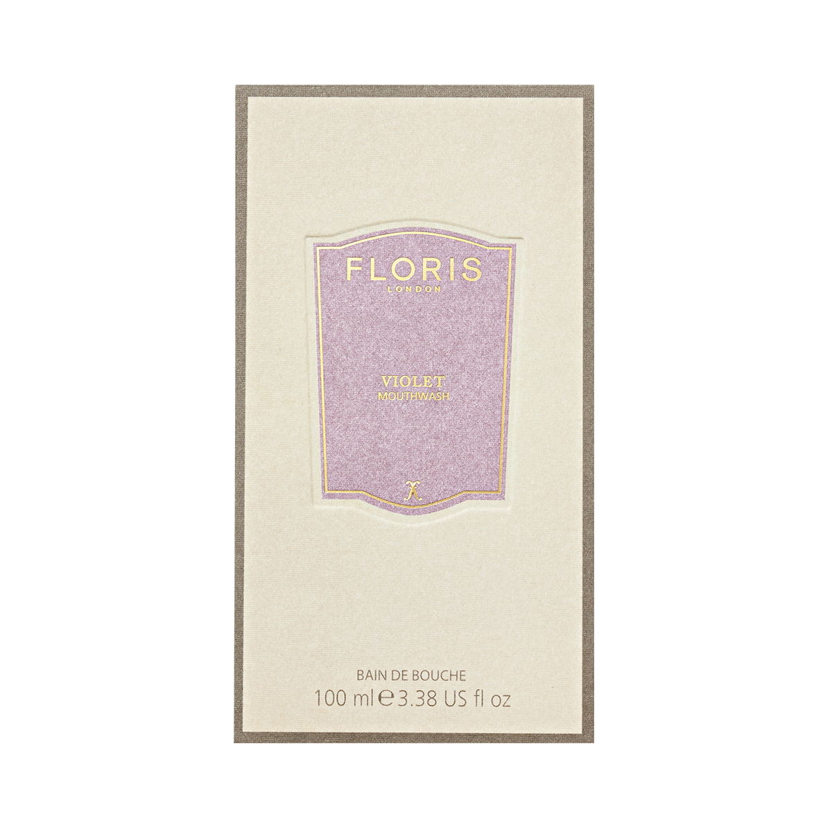 Floris London's Violet Mouthwash in a beige box with a purple label, fluoride-free, 100 ml (3.38 US fl oz).
