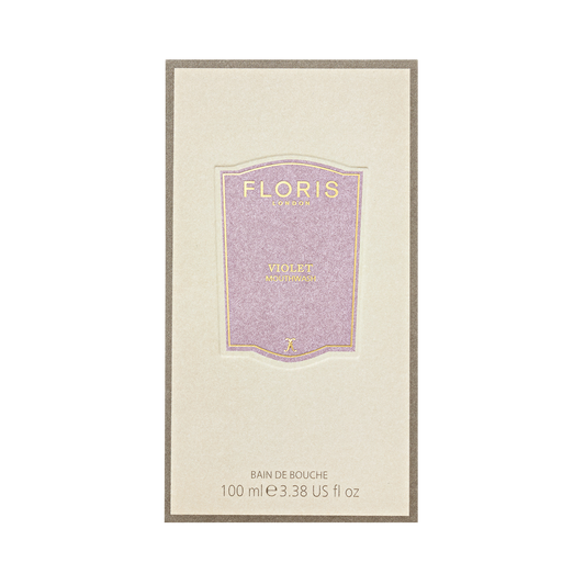 Floris London's Violet Mouthwash in a beige box with a purple label, fluoride-free, 100 ml (3.38 US fl oz).