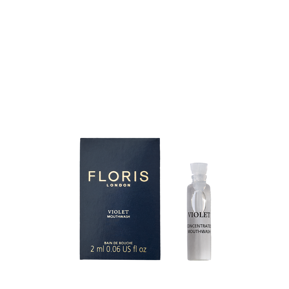 Floris London's Violet - Mouthwash, fluoride-free and luxurious, is displayed with its box and 2ml bottle on a white background.