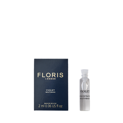 Floris London's Violet - Mouthwash, fluoride-free and luxurious, is displayed with its box and 2ml bottle on a white background.