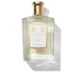 Clear glass bottle with gold spray top and light Blue White Rose label