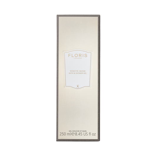 Floris London's White Rose - Bath & Shower Gel 250ml features a luxurious formula in a light beige package with elegant text.
