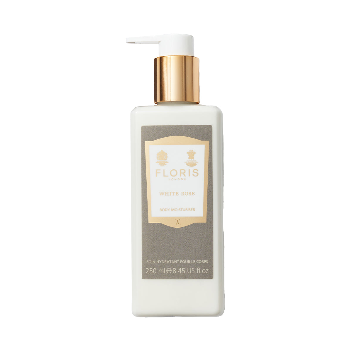 A 250 ml bottle of Floris London White Rose Body Moisturiser with a gold pump.
