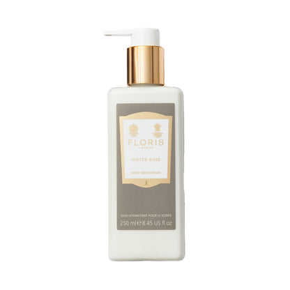 A 250 ml bottle of Floris London White Rose Body Moisturiser with a gold pump.