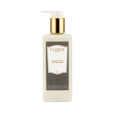 Floris London White Rose - Enriched Body Moisturiser, 250ml bottle with pump, contains sweet almond oil and anti-ageing vitamin E.