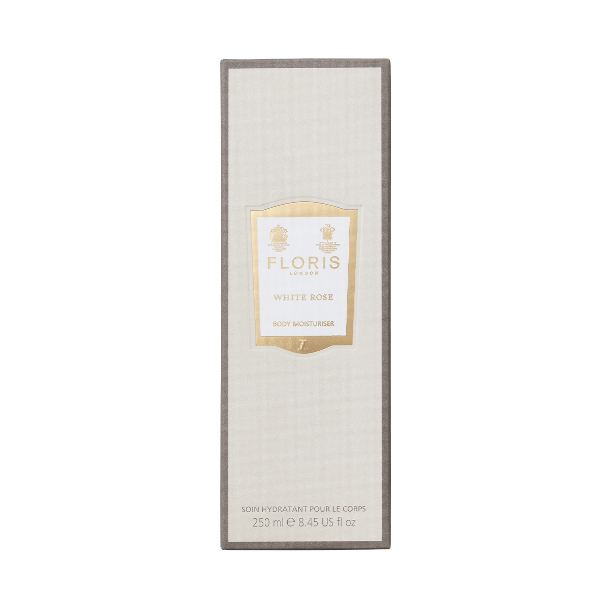 White rectangular box of Floris London's White Rose Body Moisturiser, 250ml, provides a nourishing and anti-aging experience.
