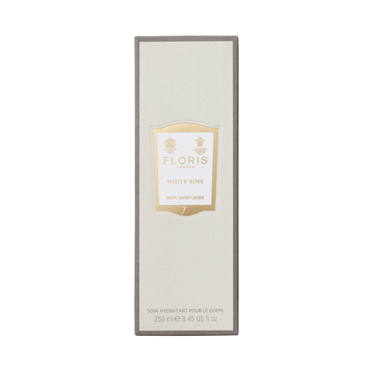 White rectangular box of Floris London's White Rose Body Moisturiser, 250ml, provides a nourishing and anti-aging experience.