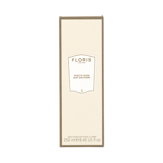 Floris London White Rose - Enriched Body Moisturiser, 250ml, with sweet almond oil for anti-ageing, in a beige box upright against a plain background.