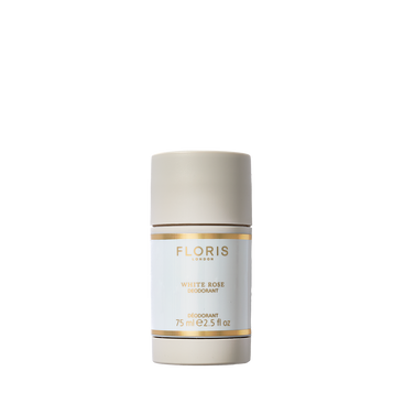 Floris London's White Rose Deodorant Stick, 75ml, in a beige and gold design, is ideal for sensitive skin with added vitamin E for nourishment.