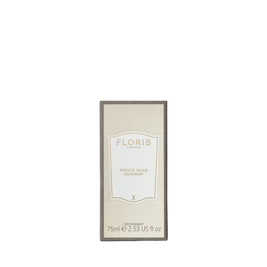 Floris London's White Rose Deodorant Stick, 75ml, features a beige and grey design ideal for sensitive skin with added vitamin E.