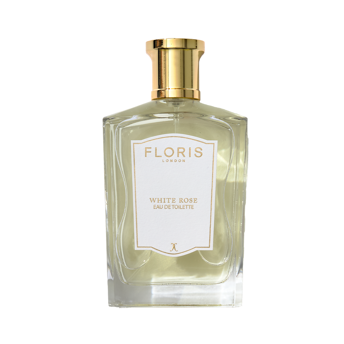 The White Rose Eau de Toilette by Floris London, with its gold cap and clear label, embodies the elegant contradiction of velvet roses and timeless vibrancy.