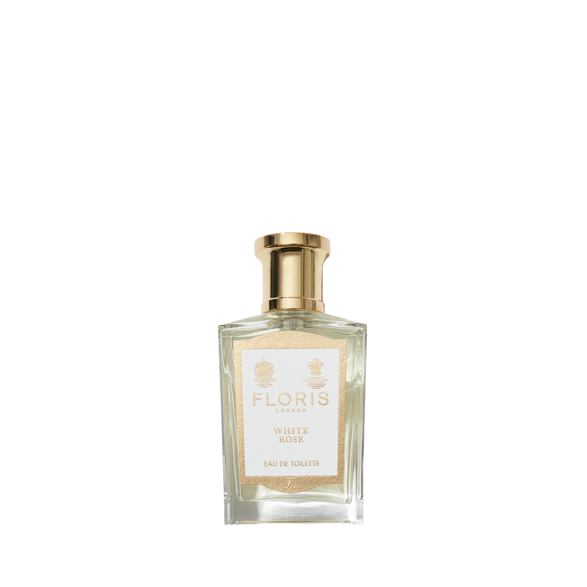 Floris London's White Rose Eau de Toilette in a clear glass bottle with a gold cap and label captures the timeless vibrancy of velvet roses.