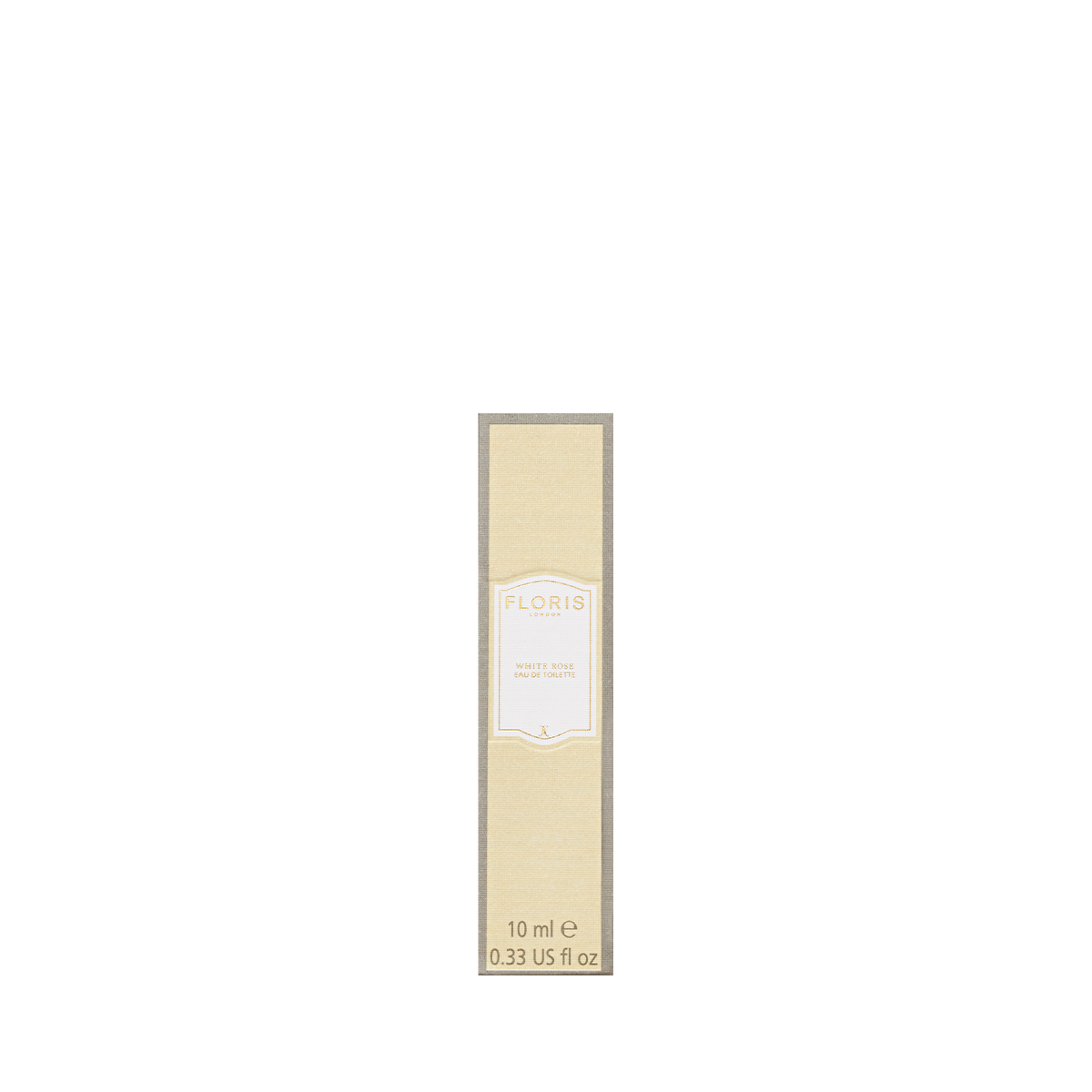 A 10 ml box of Floris London's White Rose Eau de Toilette, featuring warm amber notes.
