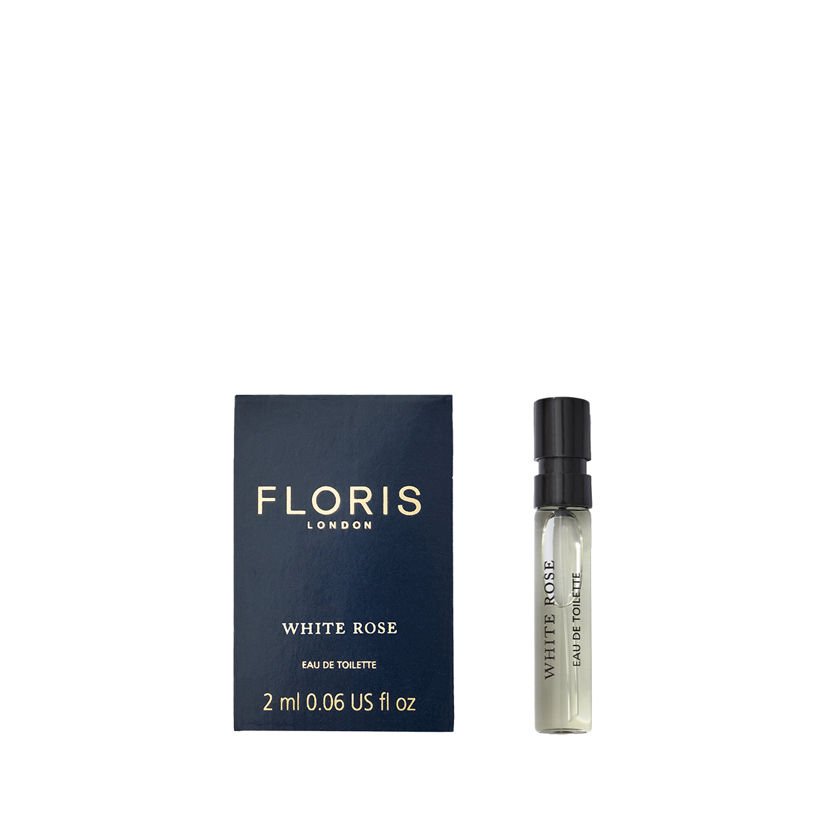 Floris London's White Rose Eau de Toilette, 2ml sample with velvet rose notes, beautifully set next to a chic blue box.