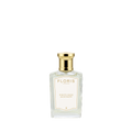 A clear glass Floris London White Rose - Eau de Toilette bottle with a gold cap, vegan, shown on a white background.