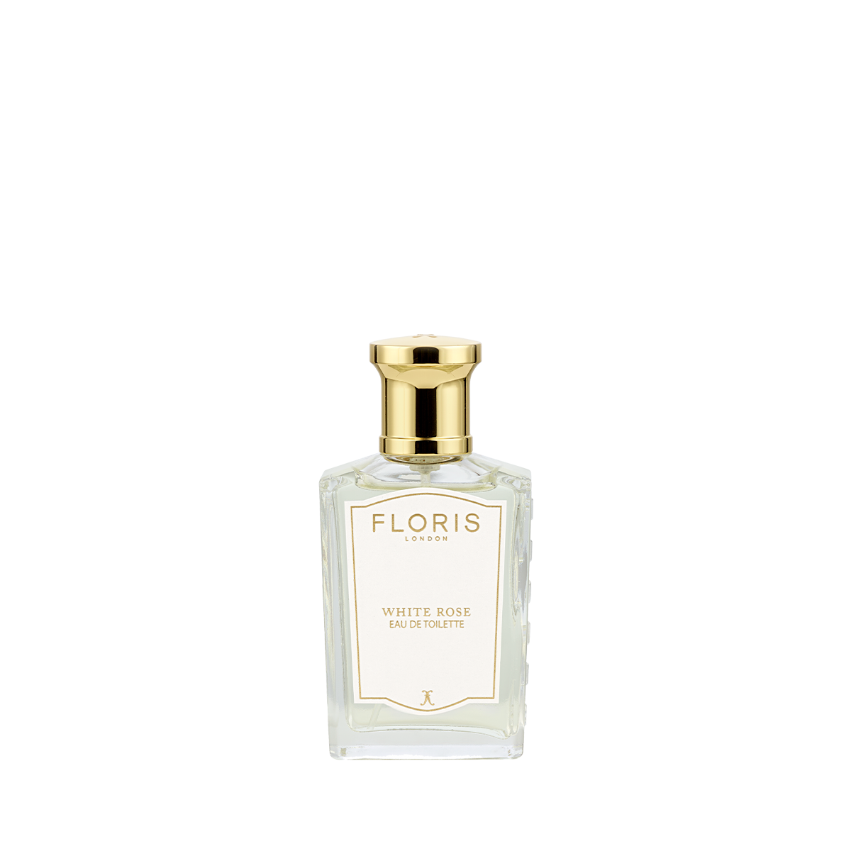 A clear glass Floris London White Rose - Eau de Toilette bottle with a gold cap, vegan, shown on a white background.