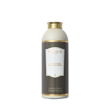 Floris London's White Rose Fragrance Powder, with a floral green scent, is housed in a 100g cylinder adorned with elegant gold accents.