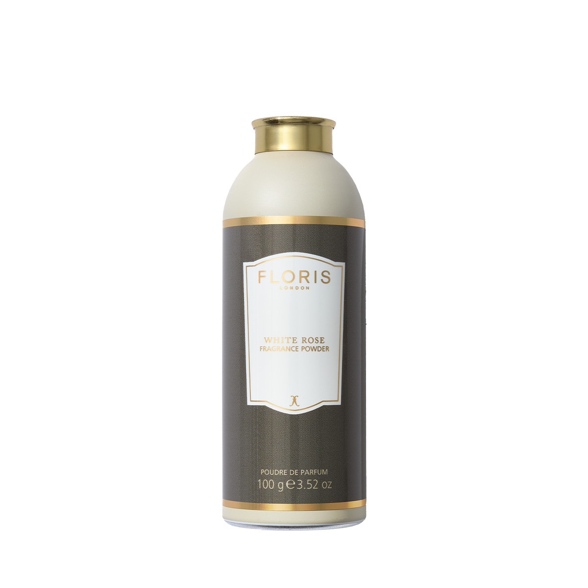Floris London's White Rose Fragrance Powder, with a floral green scent, is housed in a 100g cylinder adorned with elegant gold accents.