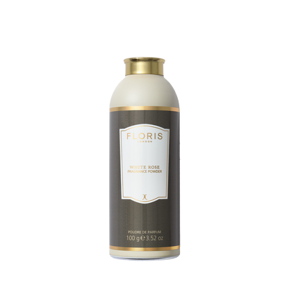 Floris London's White Rose Fragrance Powder, with a floral green scent, is housed in a 100g cylinder adorned with elegant gold accents.