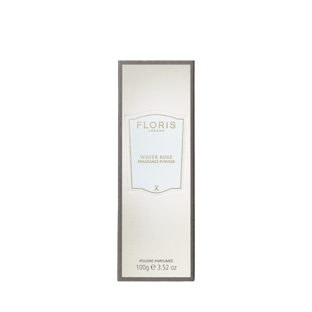 Floris London's White Rose Fragrance Powder box, 100g (3.52 oz), features a floral green scent with gold accents.