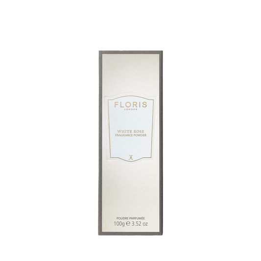 Floris London's White Rose Fragrance Powder box, 100g (3.52 oz), features a floral green scent with gold accents.