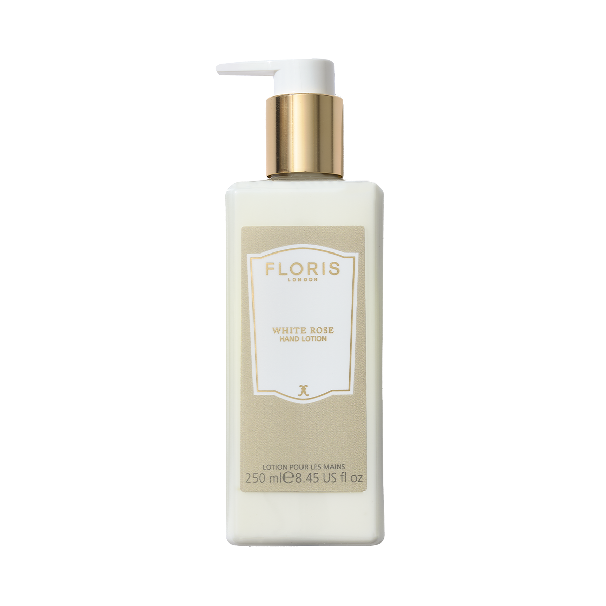 Floris London's White Rose Luxury Hand Lotion 250ml, enriched with sweet almond oil and featuring a gold cap, nourishes dry skin.
