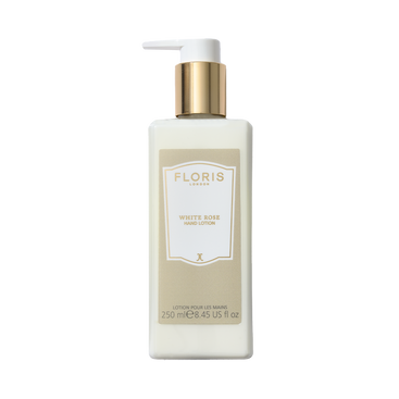 Floris London's White Rose Luxury Hand Lotion 250ml, enriched with sweet almond oil and featuring a gold cap, nourishes dry skin.