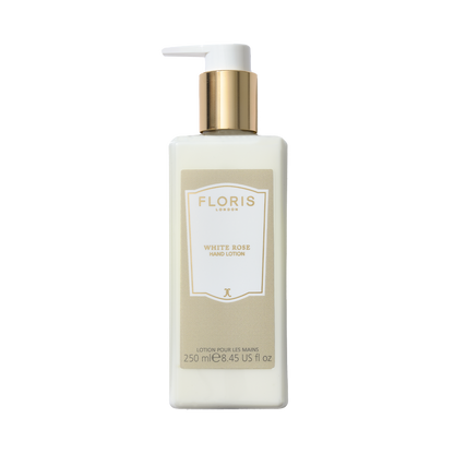 Floris London's White Rose Luxury Hand Lotion 250ml, enriched with sweet almond oil and featuring a gold cap, nourishes dry skin.
