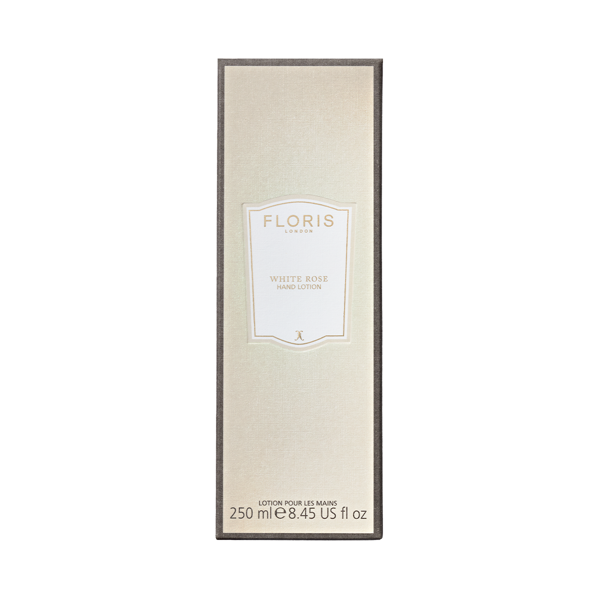 Beige rectangular box of Floris London White Rose - Luxury Hand Lotion, enriched with sweet almond oil for dry skin relief, 250ml.