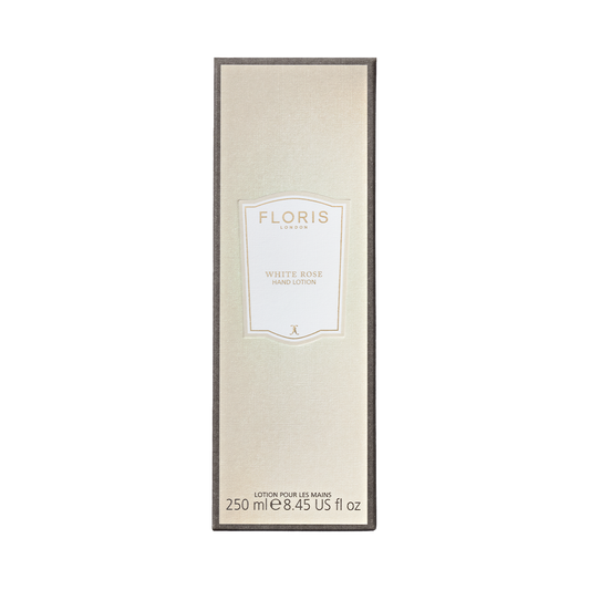 Beige rectangular box of Floris London White Rose - Luxury Hand Lotion, enriched with sweet almond oil for dry skin relief, 250ml.