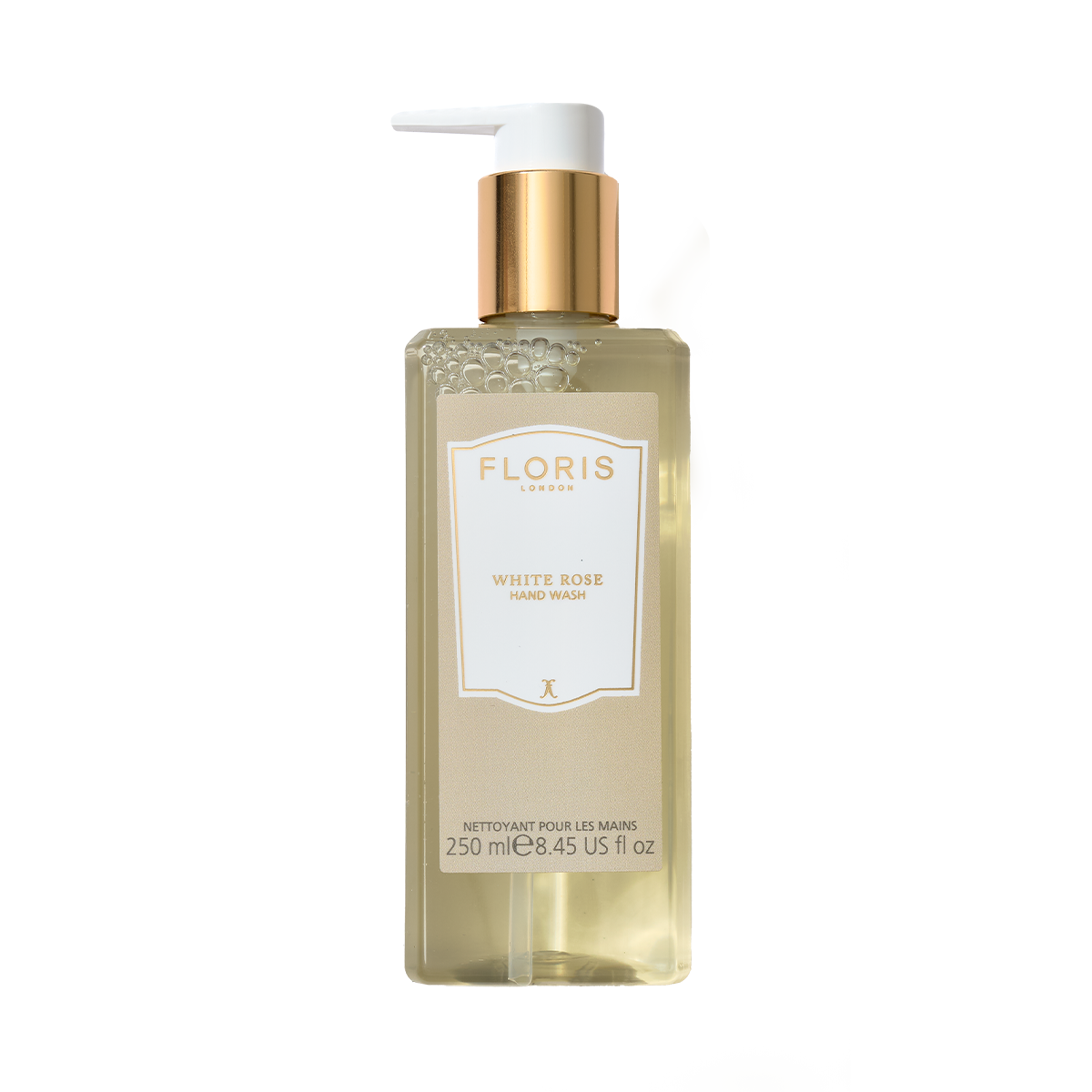 A 250ml bottle of Floris London White Rose Luxury Hand Wash with a hint of coconut and a gold pump.