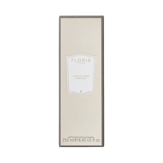 A beige Floris London box with White Rose - Luxury Hand Wash 250ml, elegantly accented with gold trim and text.