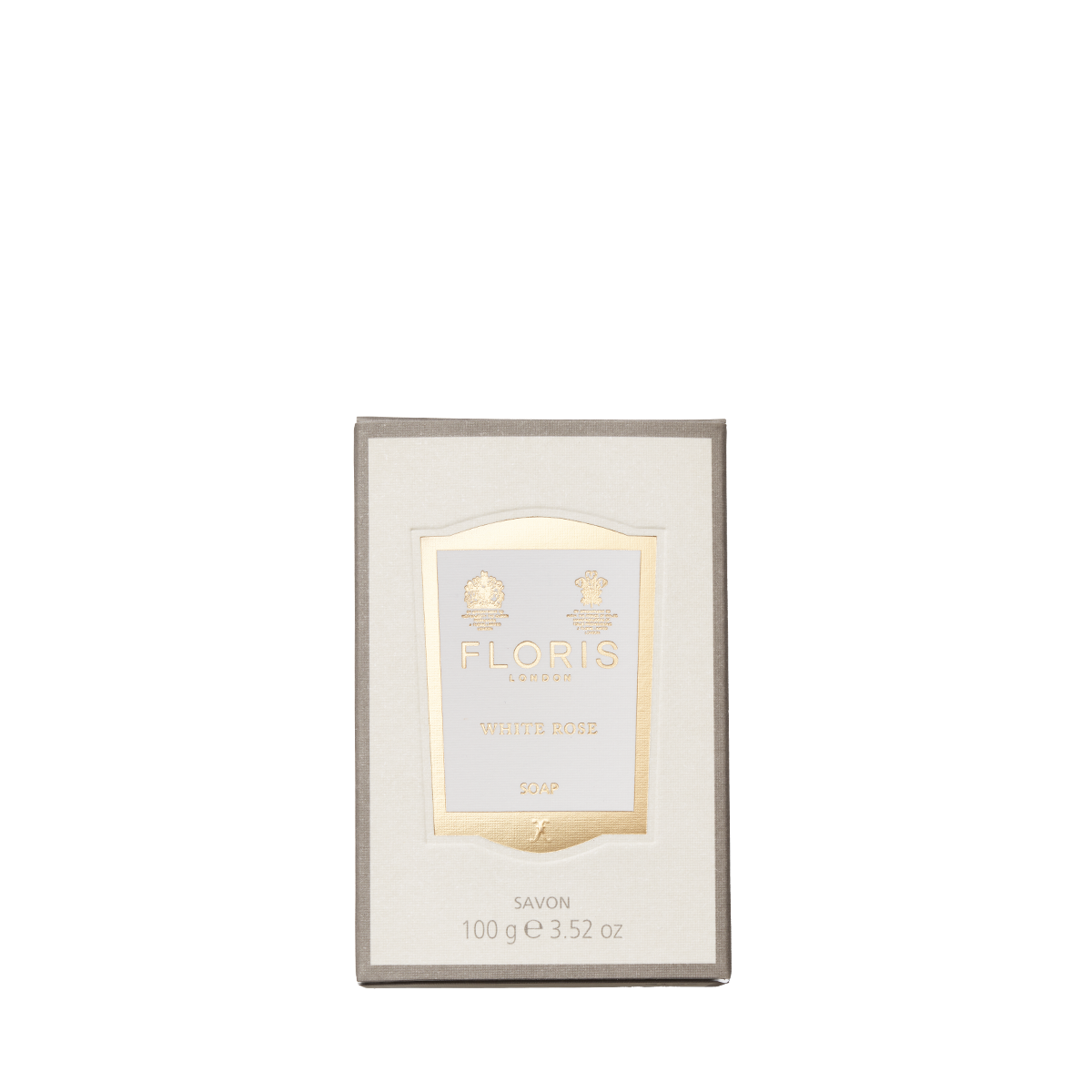 Cream-colored box of Floris London White Rose Soap, 100g, with gold details and enriched shea butter for a creamy lather experience.
