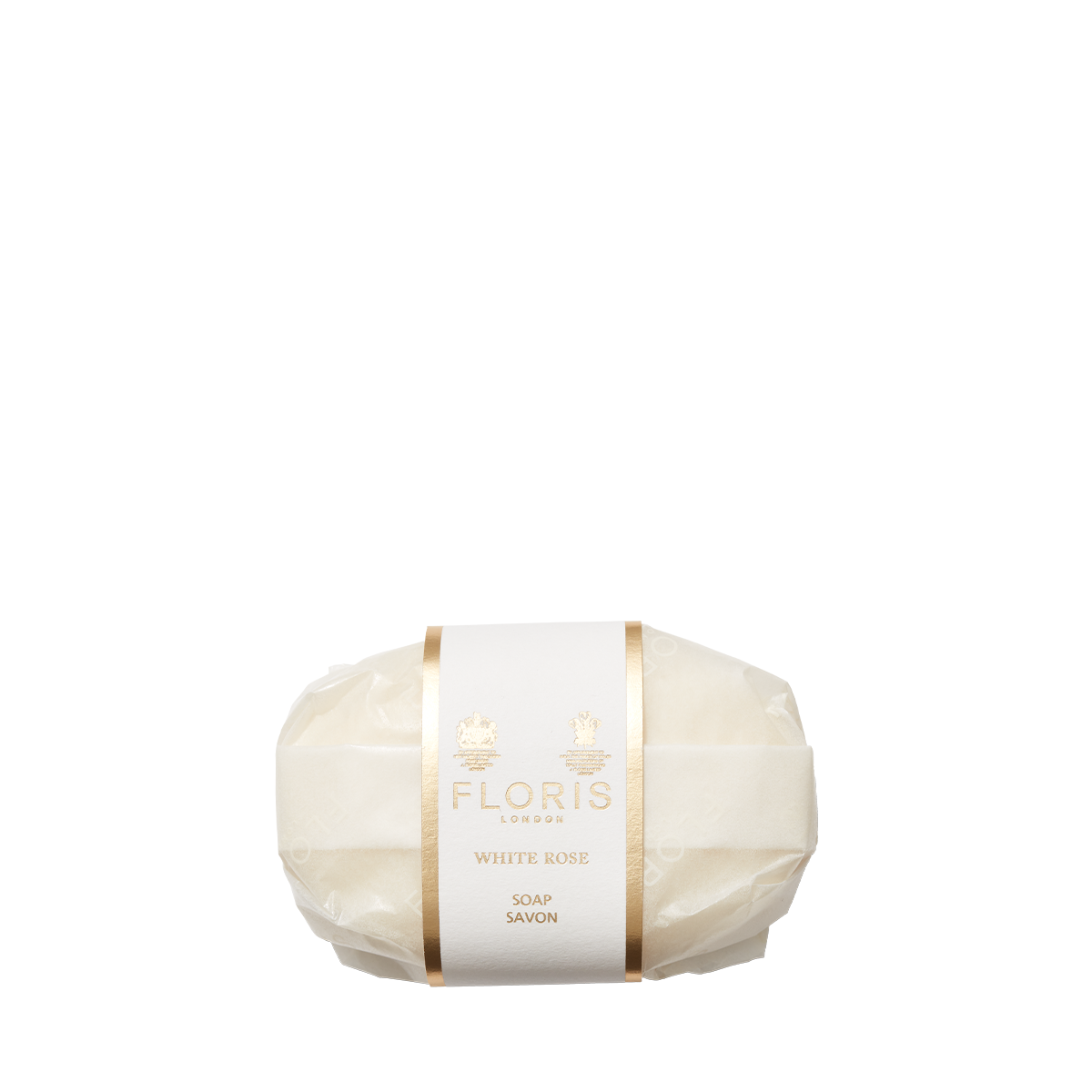 Circular white "White Rose Soap" by Floris London, with gold accents and a creamy shea butter-enriched lather.