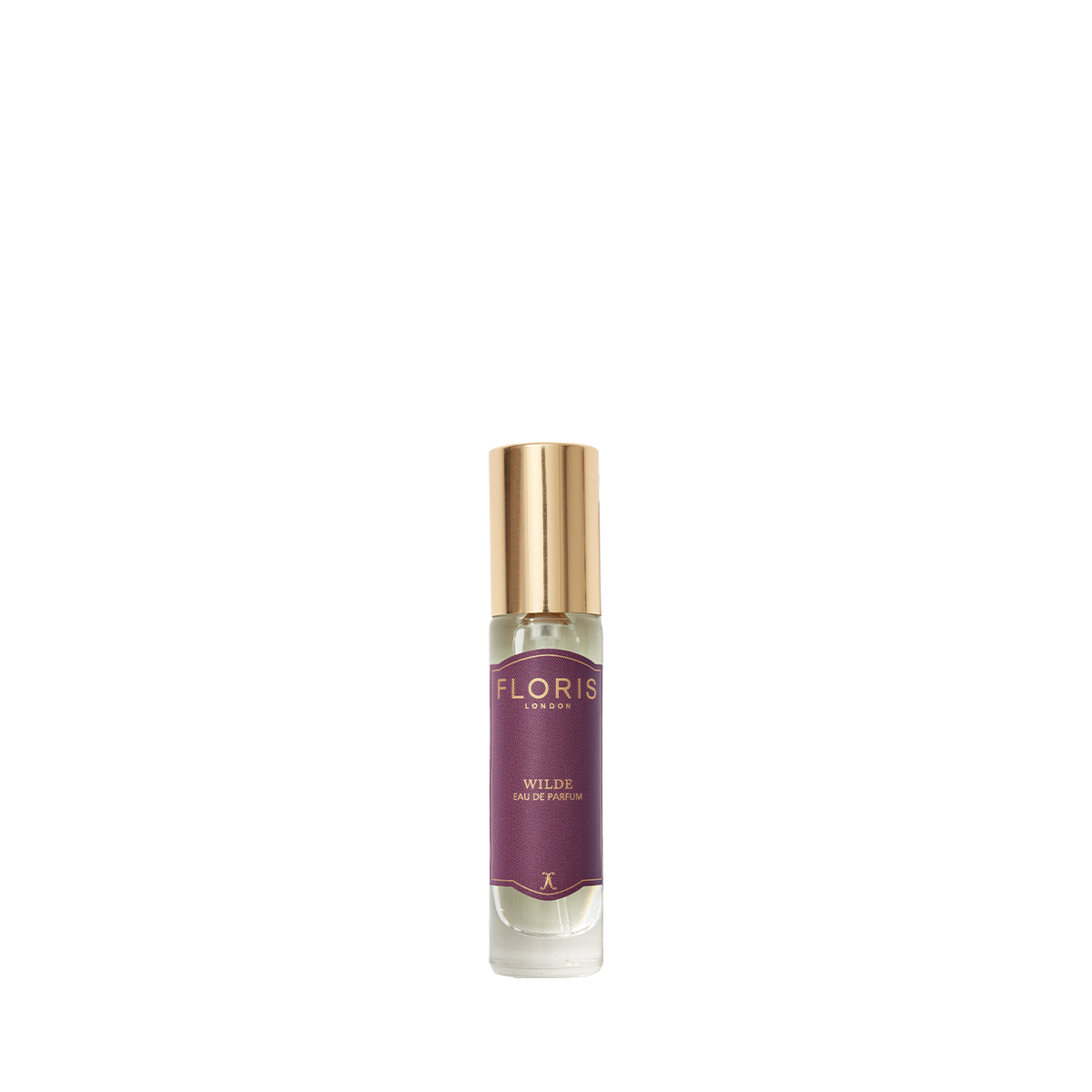 Floris London's Wilde Eau de Parfum features a small spray bottle with a purple label and gold cap, capturing Oscar Wilde-inspired individuality.
