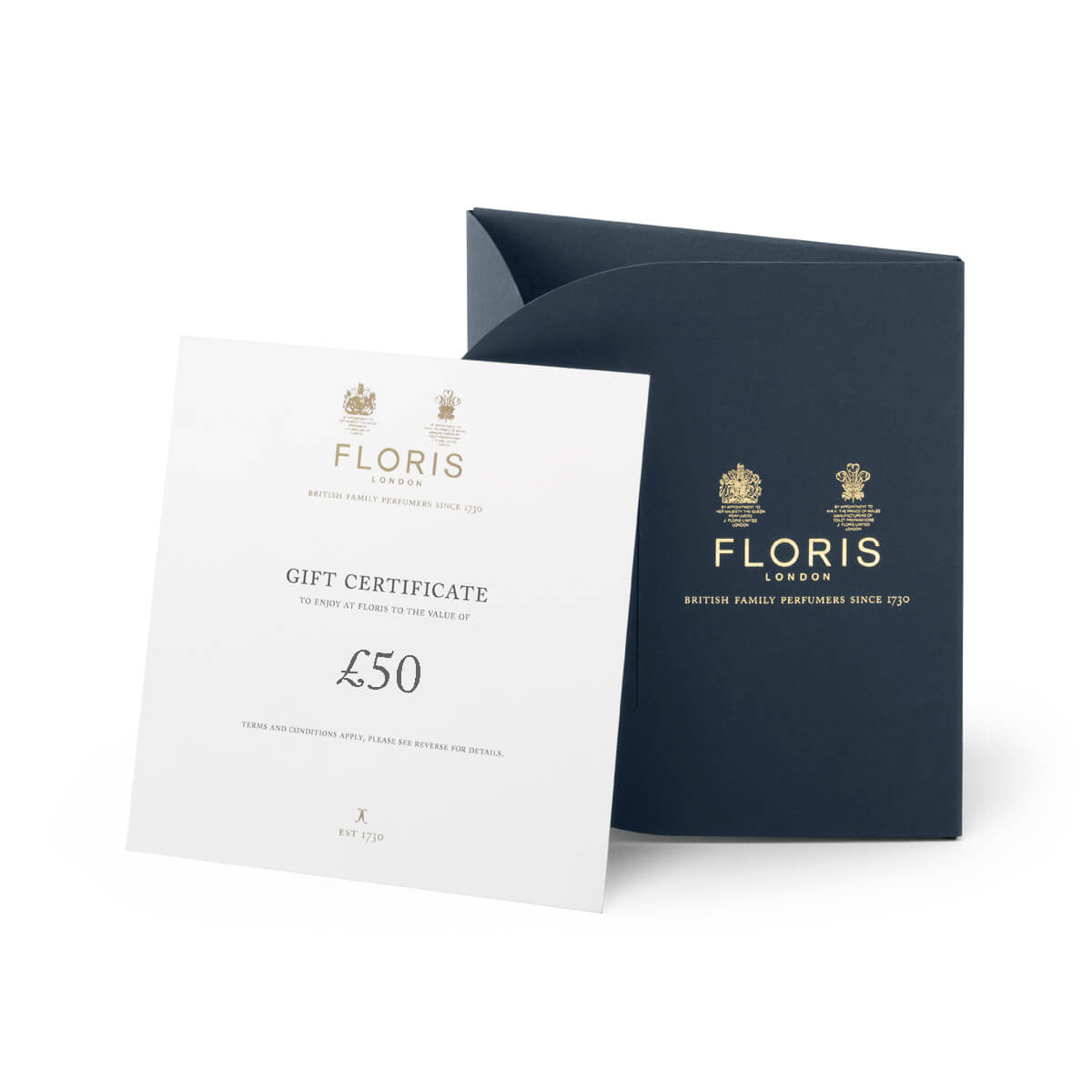 white card gift certificate and envelope showing £50