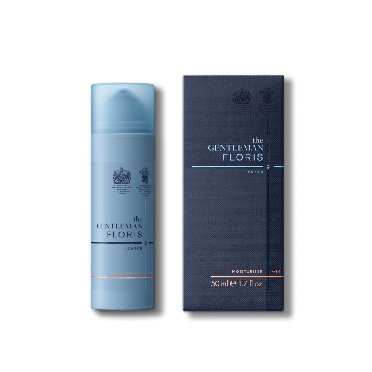 blue moisturiser bottle with darker blue box next to it 