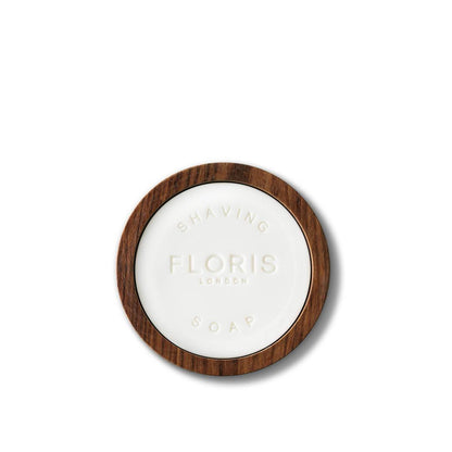 Wooden bowl with shaving soap embossed with floris london 