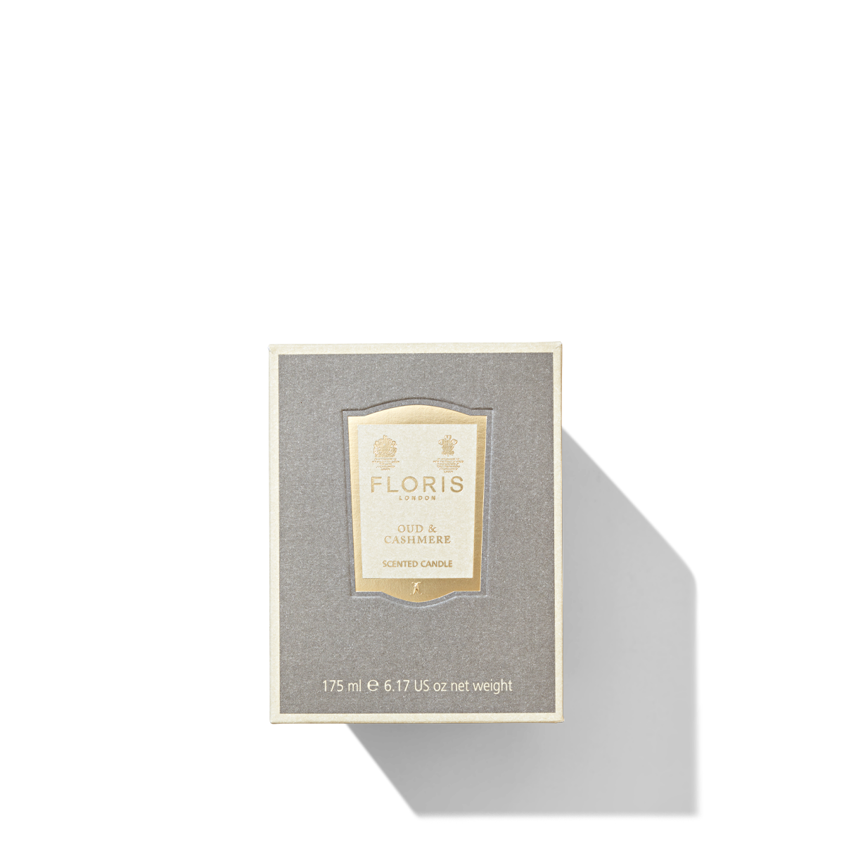 Floris London Oud & Cashmere Scented Candle box in white and grey 