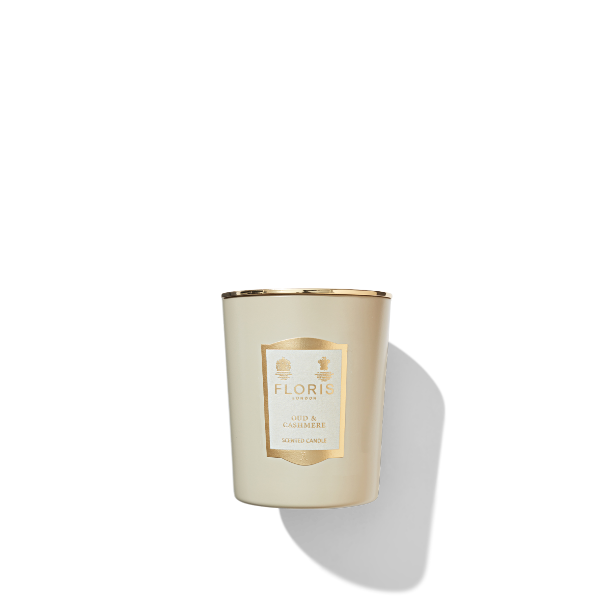 White Candle glass with Oud & Cashmere label
